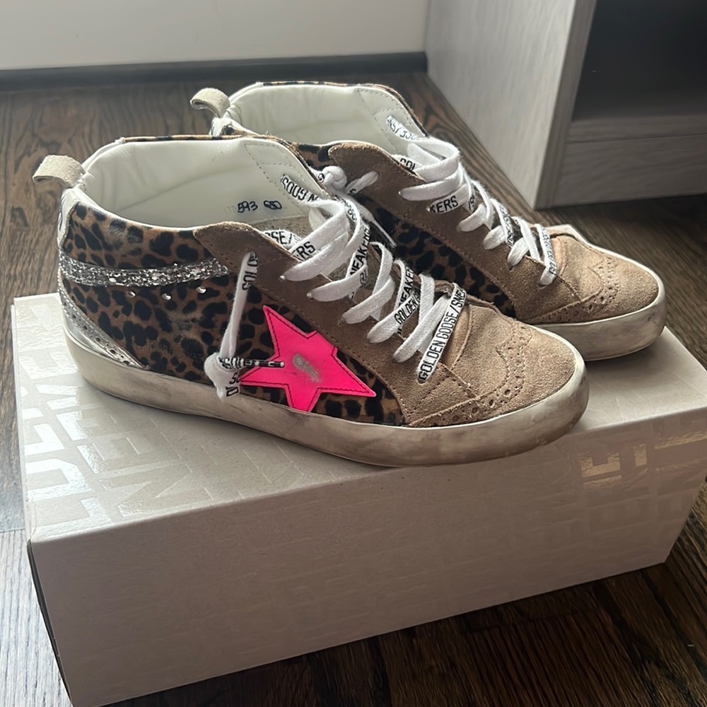 Golden Goose Leopard Print Sneakers with Pink Star